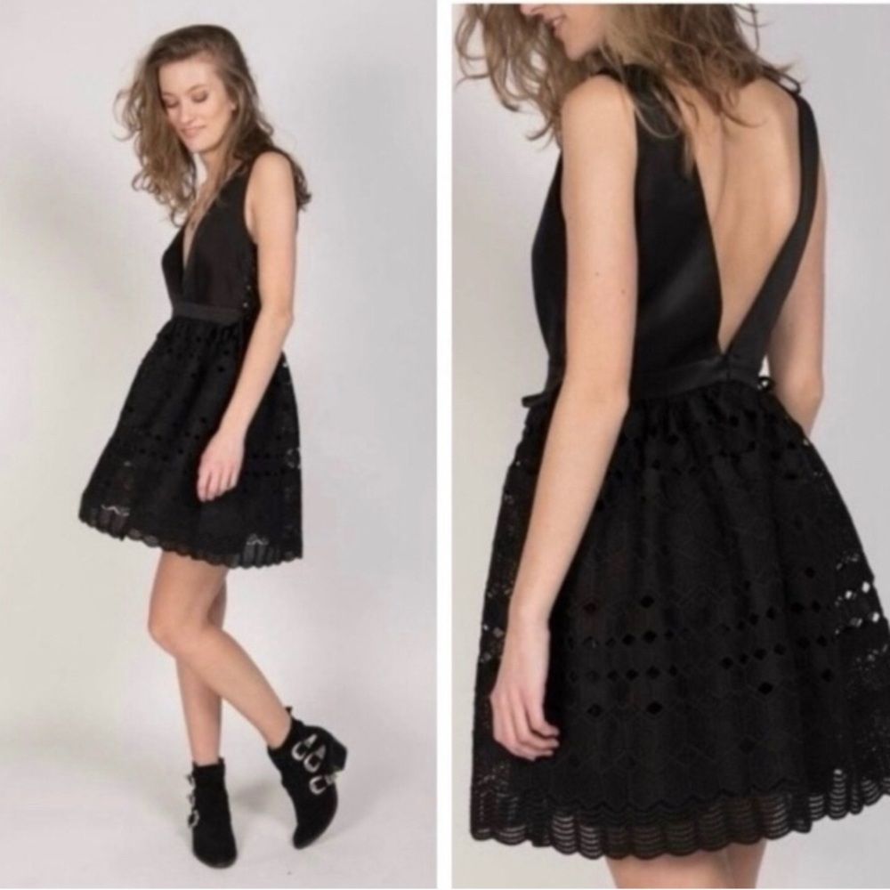 Sandro Paris Women's Black Luminary Satin and Lace mini Dress | EU 36 Small